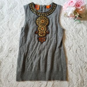 Tory Burch Gray 100% Cashmere Embellished Rhinestones Sleeveless Top Size XS